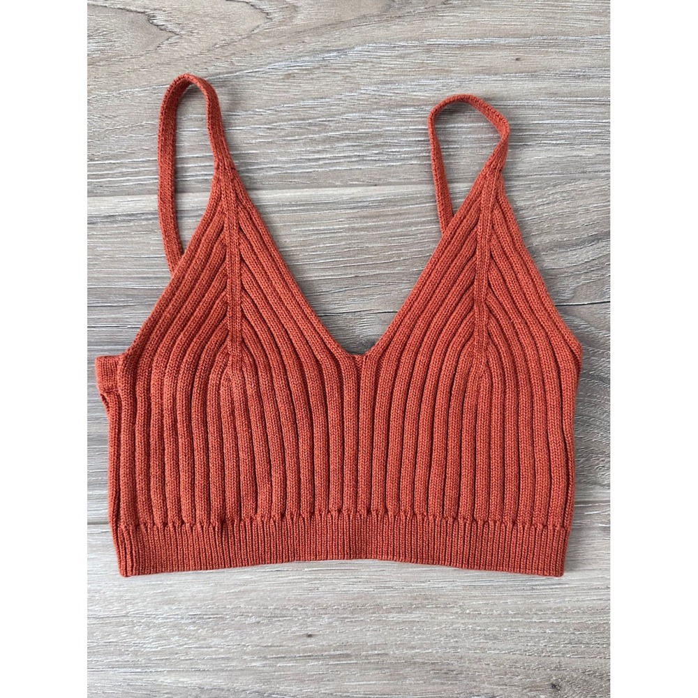 Free People Ribbed Knit Bralette Rust Orange V-Neck Crop Cami Top XS Earthy Boho